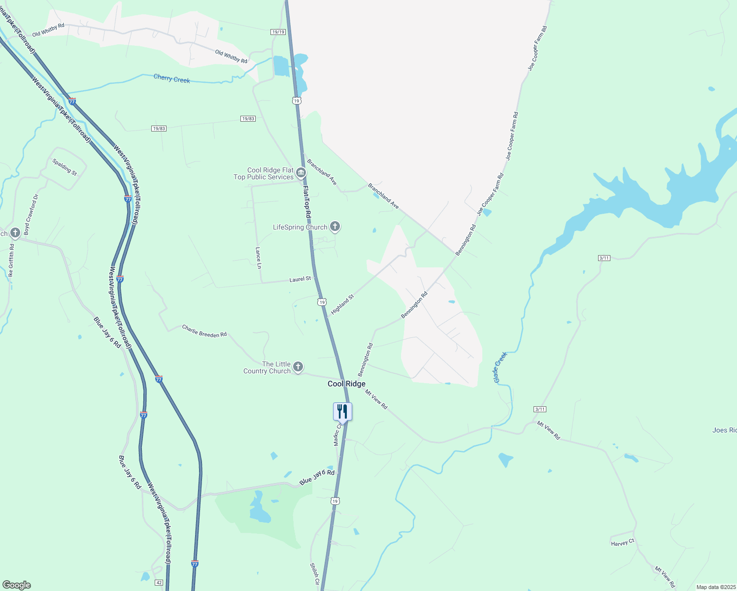 map of restaurants, bars, coffee shops, grocery stores, and more near 212 Highland Street in Cool Ridge