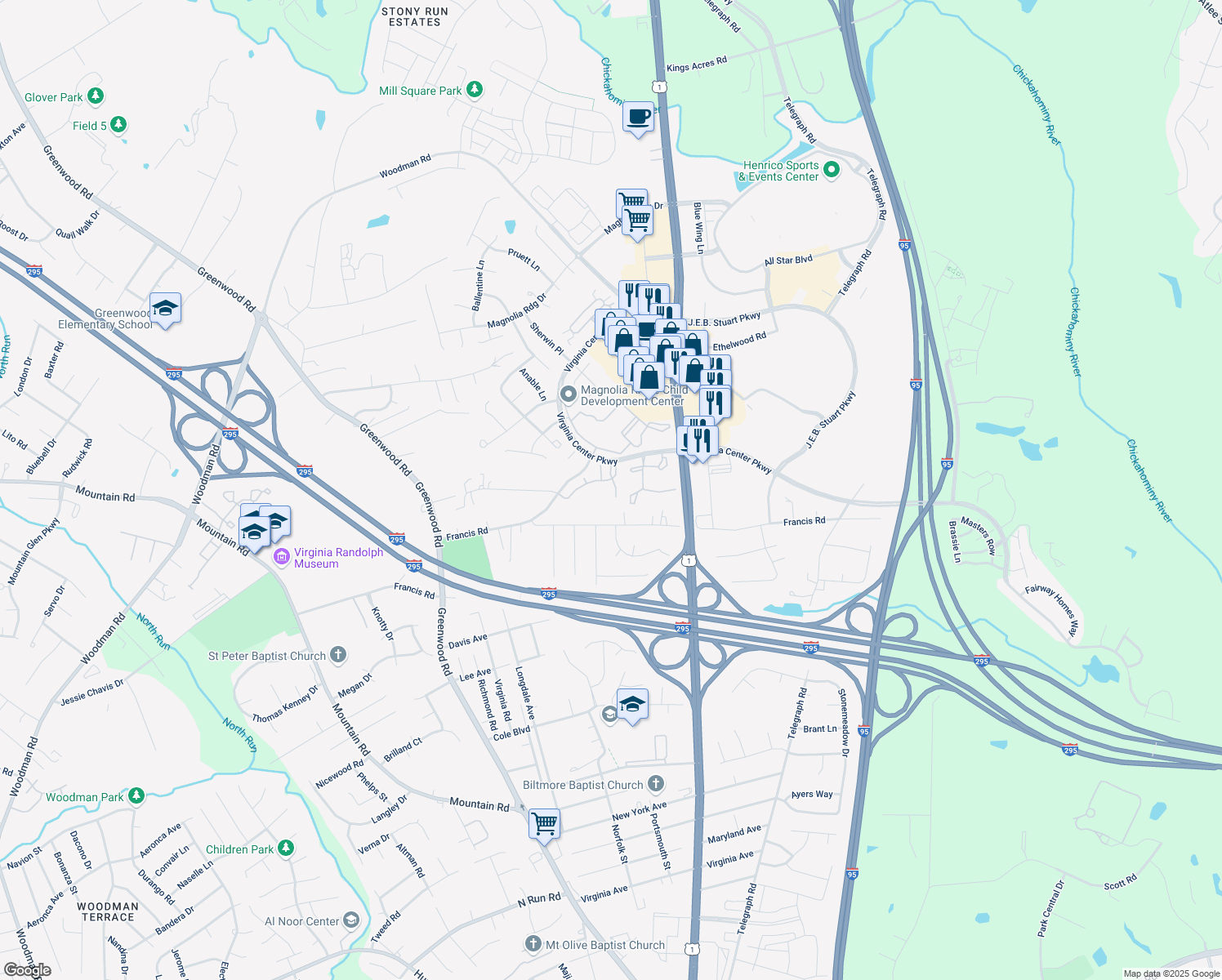 map of restaurants, bars, coffee shops, grocery stores, and more near 9709 Magnolia Pointe Place in Glen Allen