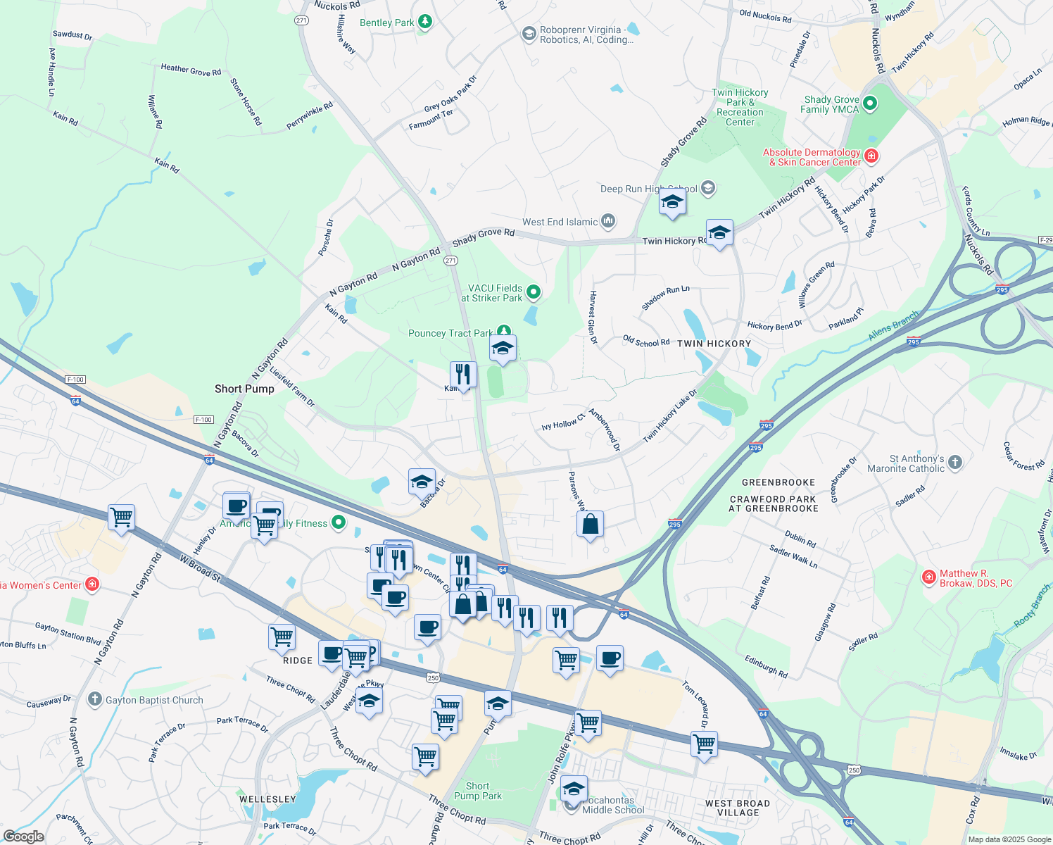 map of restaurants, bars, coffee shops, grocery stores, and more near 5273 Turning Branch Way in Glen Allen