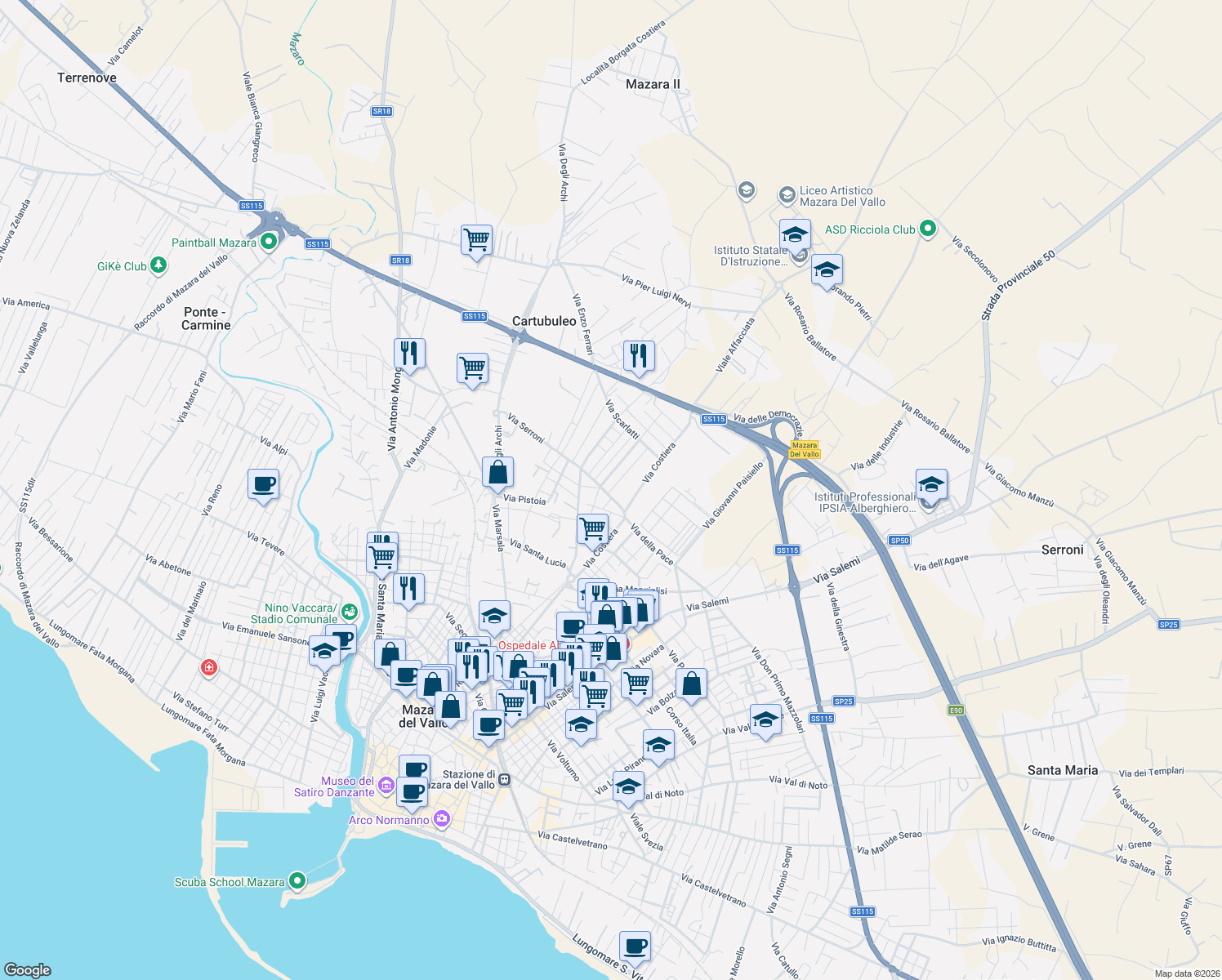 map of restaurants, bars, coffee shops, grocery stores, and more near 6 Via Johannes Brahms in Mazara del Vallo