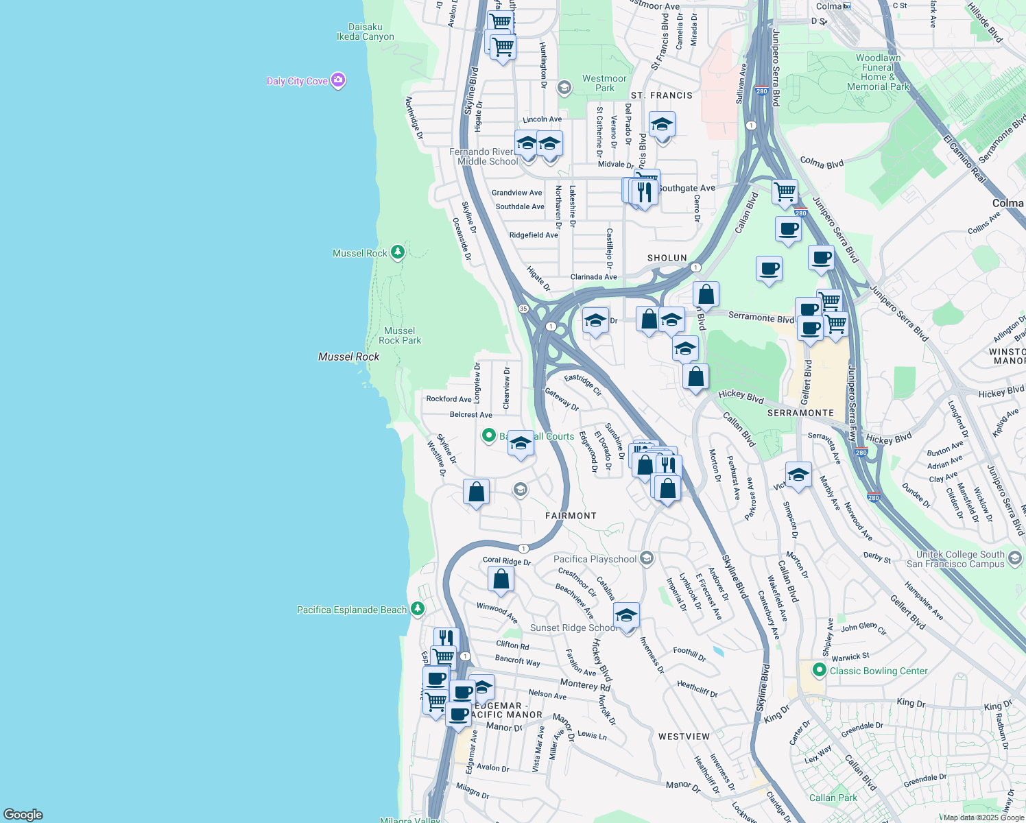 map of restaurants, bars, coffee shops, grocery stores, and more near 10 Belcrest Ave in Daly City