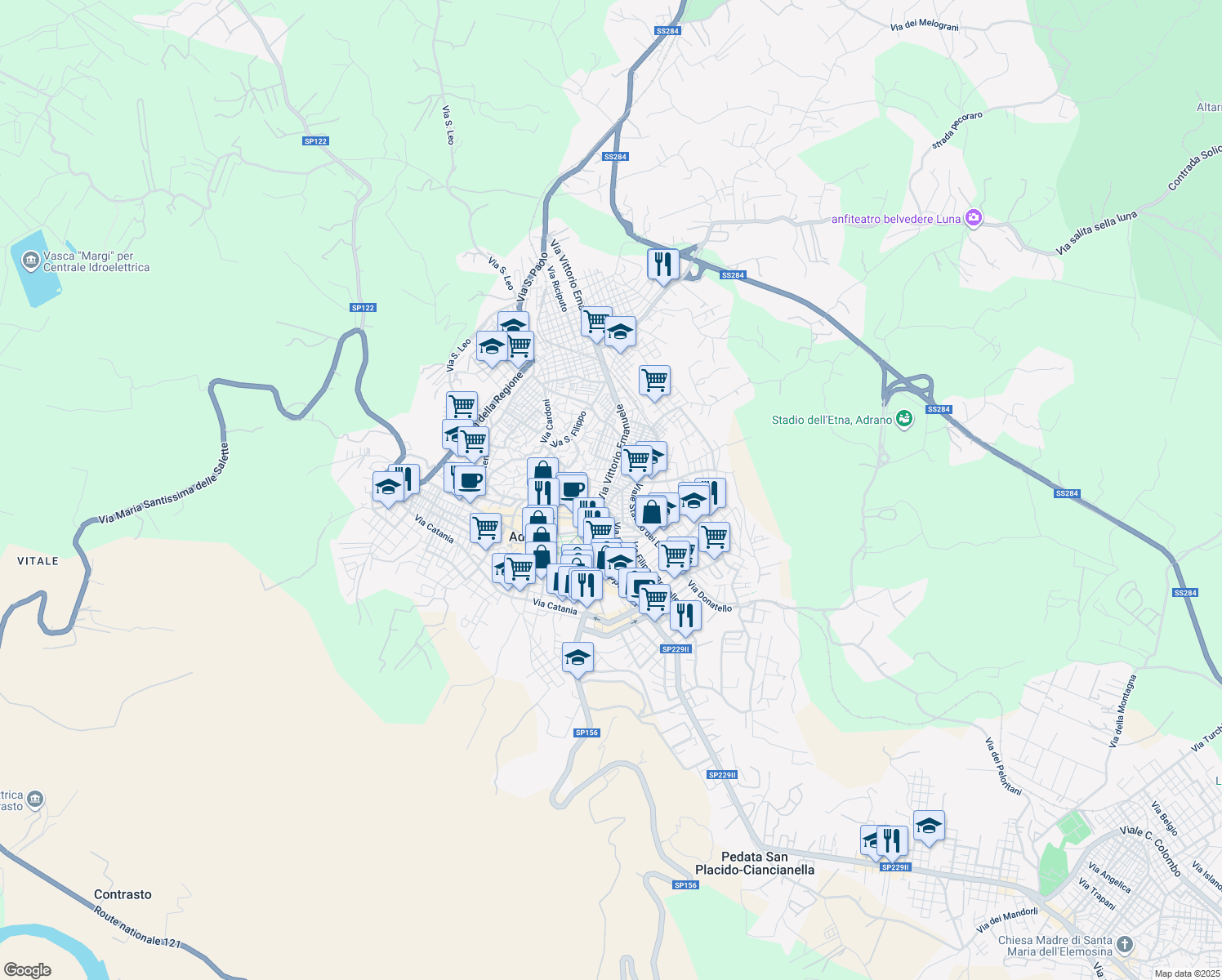 map of restaurants, bars, coffee shops, grocery stores, and more near 43 Via Ruggero II in Adrano