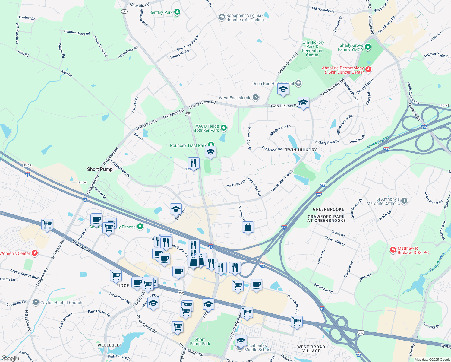 map of restaurants, bars, coffee shops, grocery stores, and more near 12104 Turning Branch Circle in Glen Allen