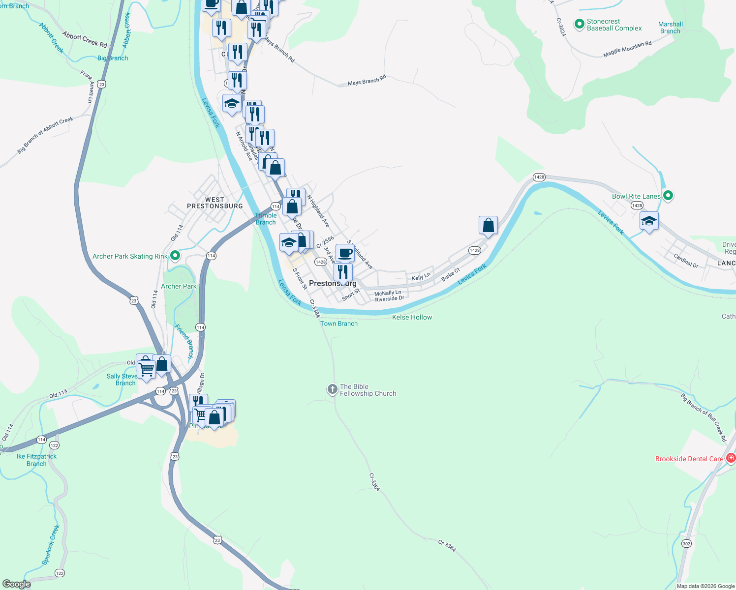 map of restaurants, bars, coffee shops, grocery stores, and more near 744 McNally Lane in Prestonsburg
