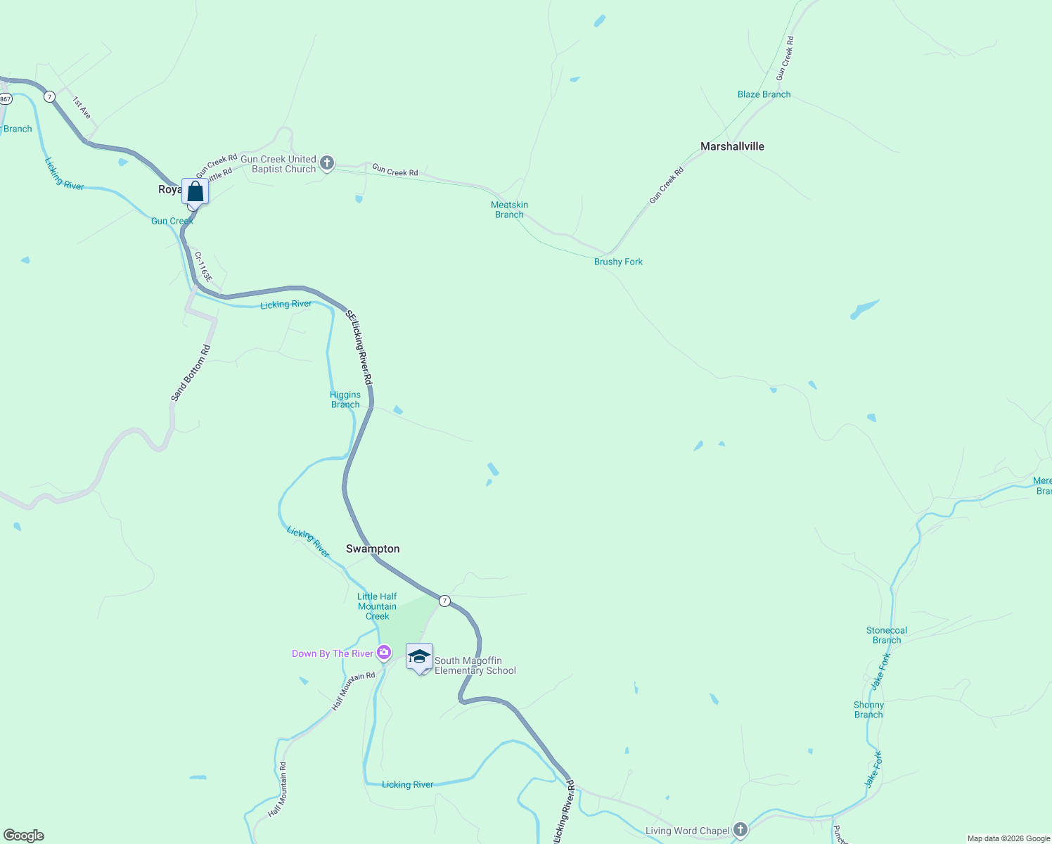 map of restaurants, bars, coffee shops, grocery stores, and more near 363 Higgins Branch Road in Royalton