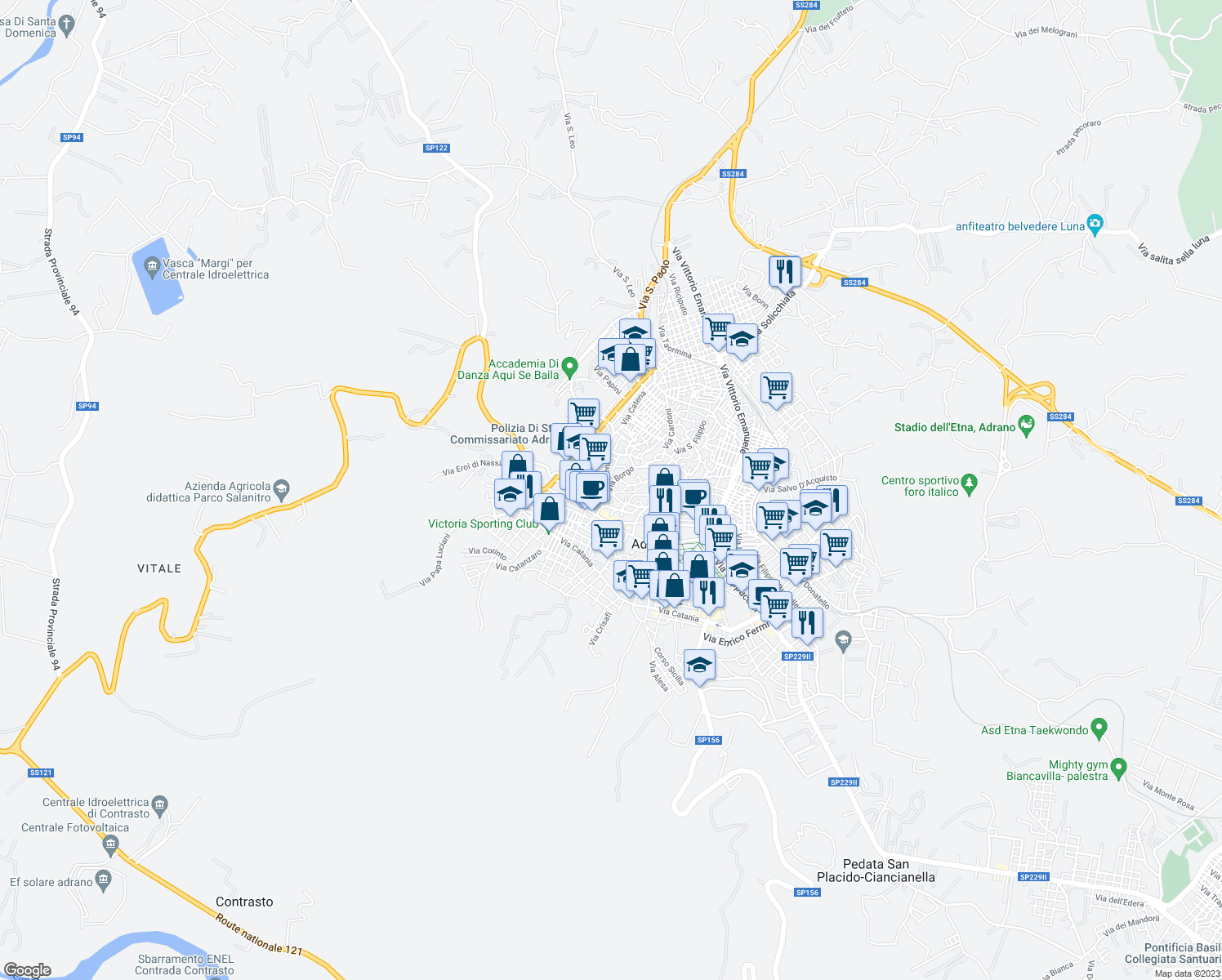 map of restaurants, bars, coffee shops, grocery stores, and more near 43 Via Arena in Adrano