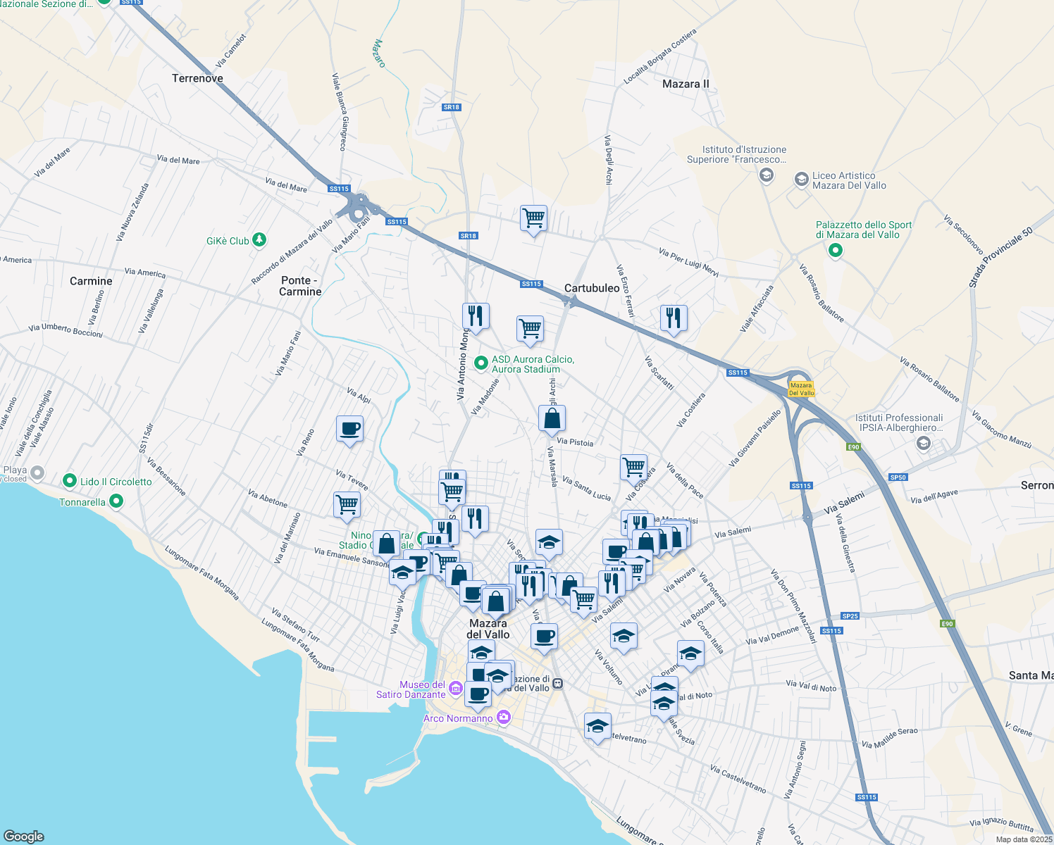 map of restaurants, bars, coffee shops, grocery stores, and more near 11 Via dei Ciclopi in Mazara del Vallo