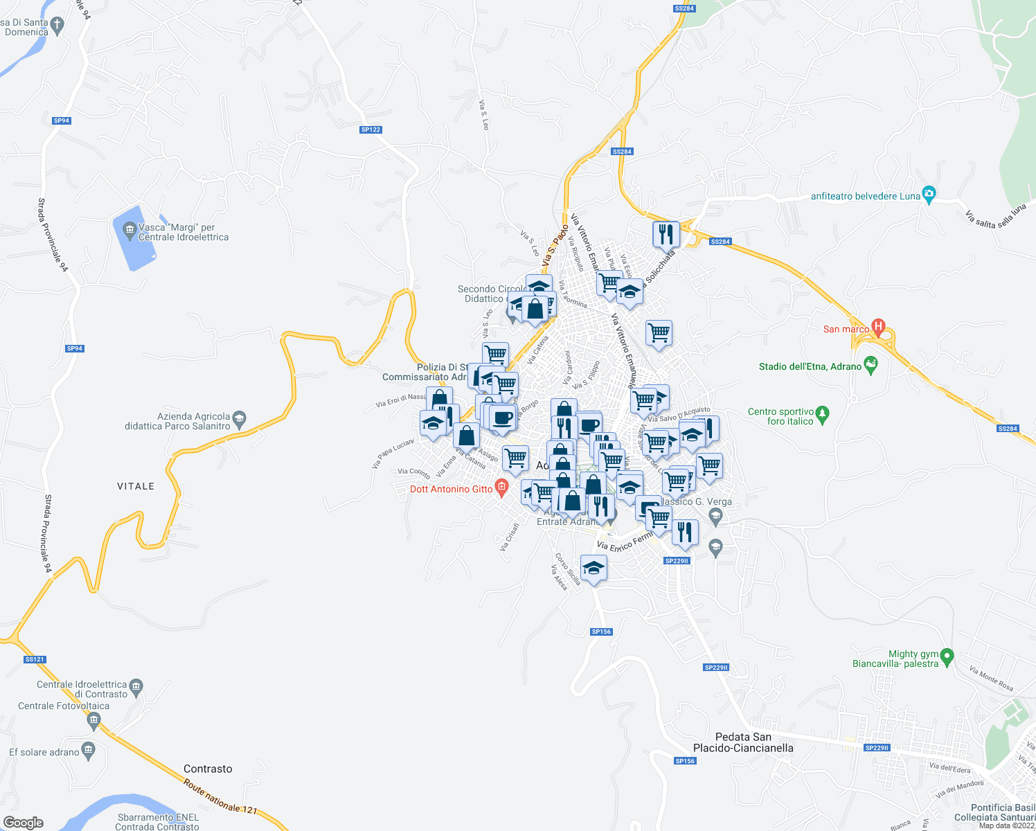 map of restaurants, bars, coffee shops, grocery stores, and more near 43 Via Arena in Adrano