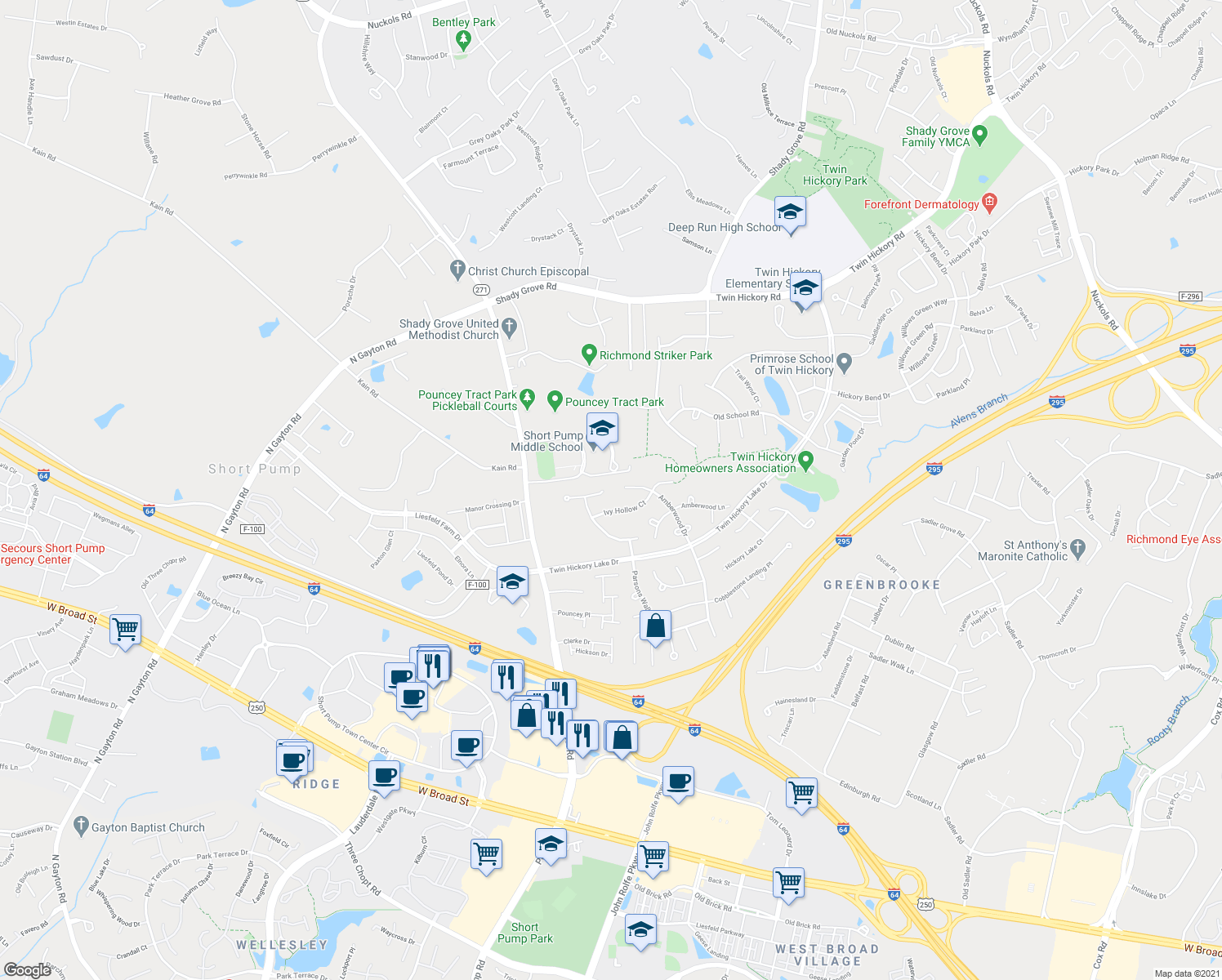 map of restaurants, bars, coffee shops, grocery stores, and more near 12120 Turning Branch Circle in Glen Allen