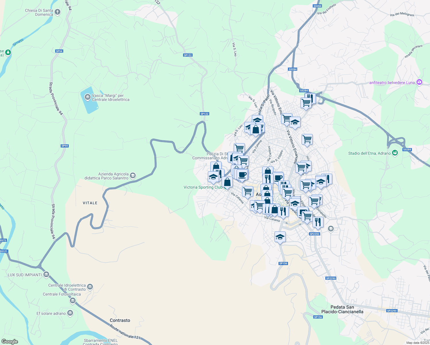 map of restaurants, bars, coffee shops, grocery stores, and more near 3A Via Madonna Santissima delle Salette in Adrano