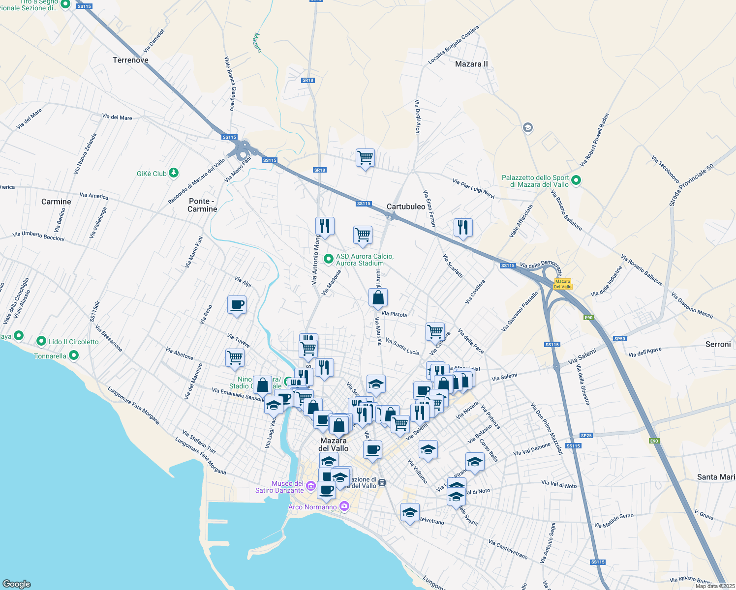 map of restaurants, bars, coffee shops, grocery stores, and more near 11 Via dei Ciclopi in Mazara del Vallo