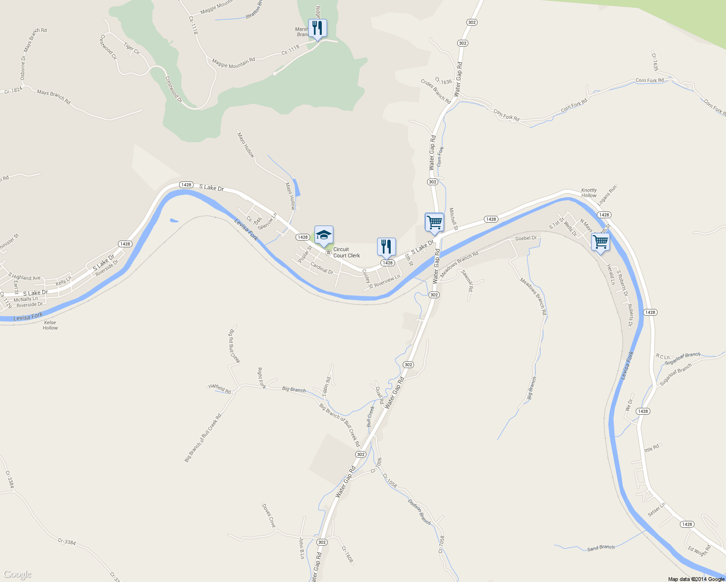map of restaurants, bars, coffee shops, grocery stores, and more near 2 Evergreen Ln in Prestonsburg
