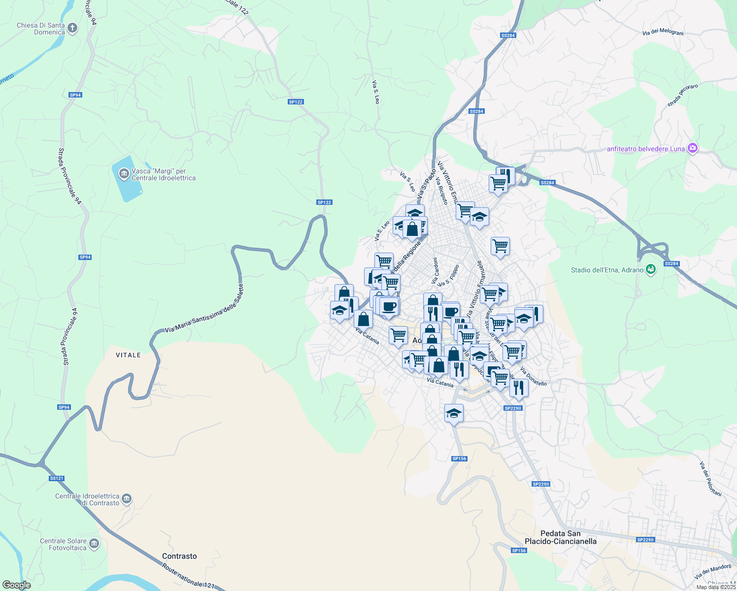 map of restaurants, bars, coffee shops, grocery stores, and more near 27 Via della Regione in Adrano