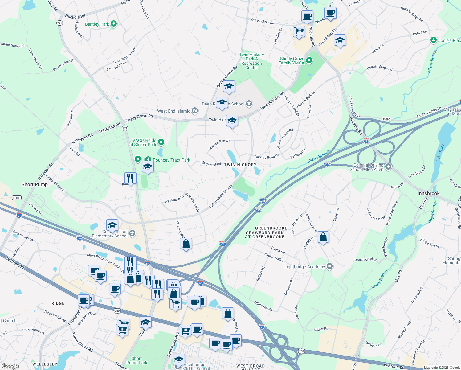 map of restaurants, bars, coffee shops, grocery stores, and more near 4690 Twin Hickory Lake Drive in Glen Allen