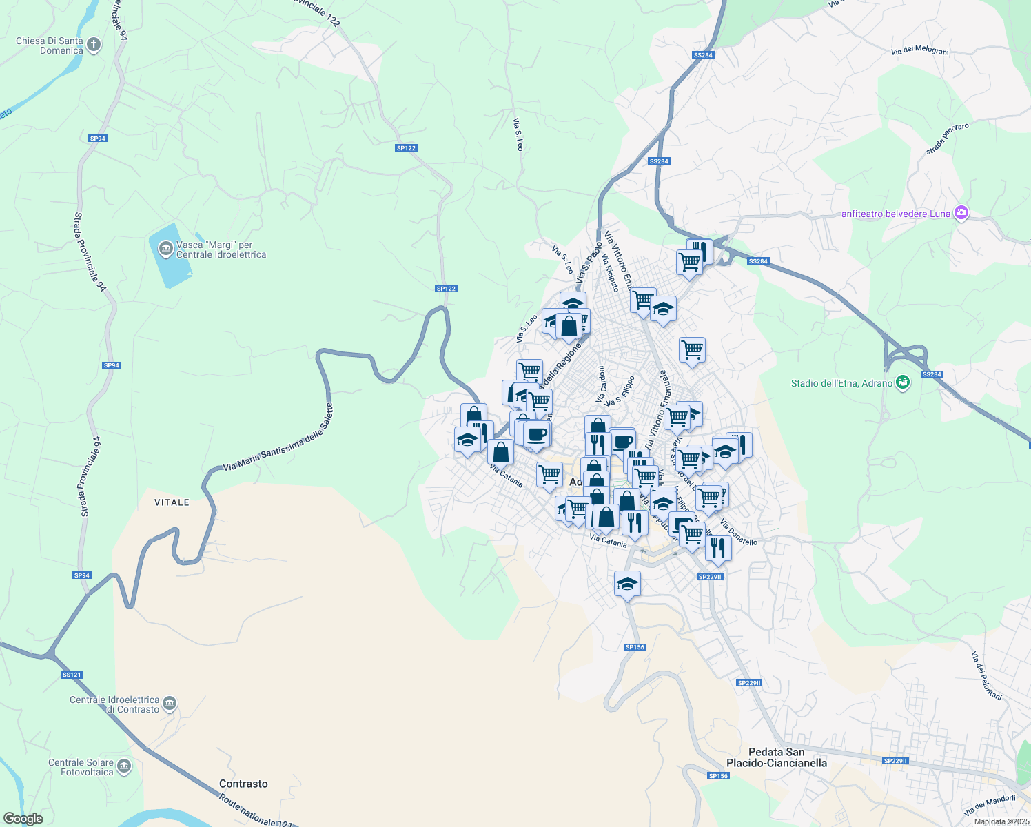 map of restaurants, bars, coffee shops, grocery stores, and more near 27 Via della Regione in Adrano