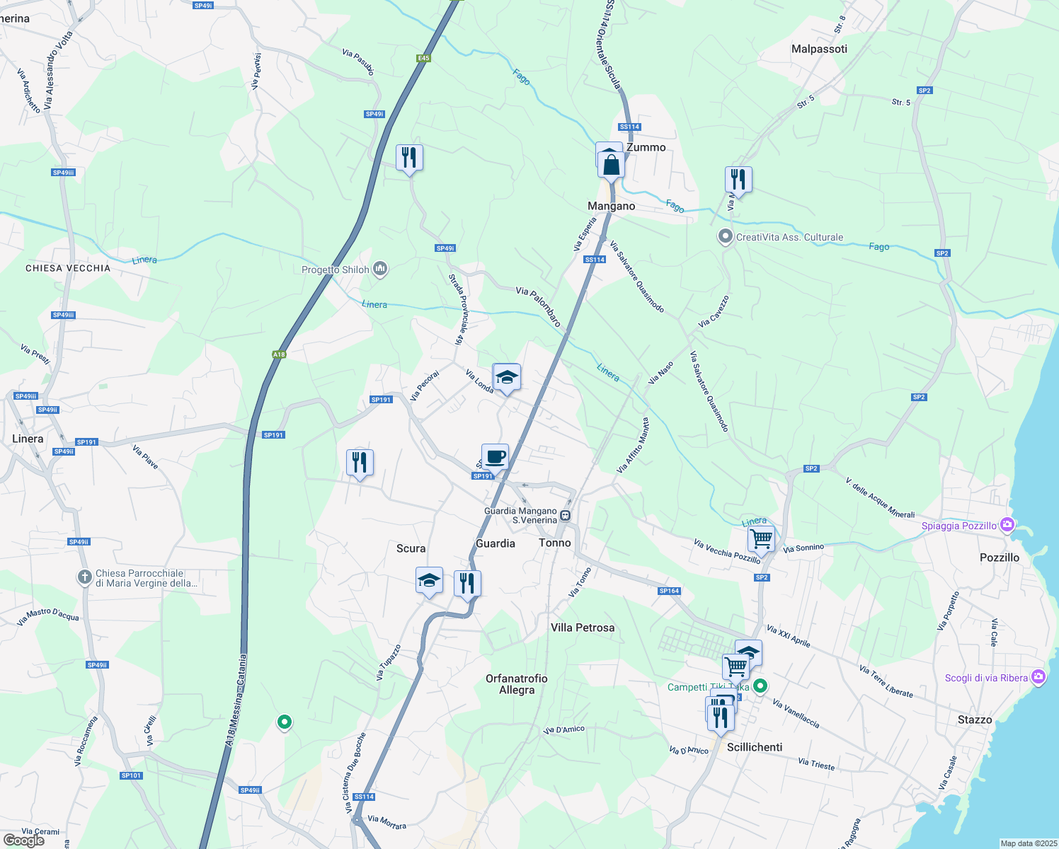 map of restaurants, bars, coffee shops, grocery stores, and more near 3 Via Sperlinga in Acireale