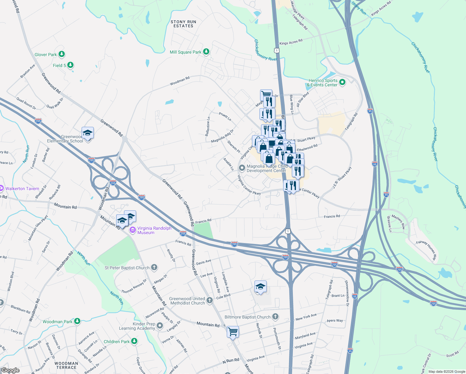 map of restaurants, bars, coffee shops, grocery stores, and more near 10520 Runnymeade Drive in Glen Allen