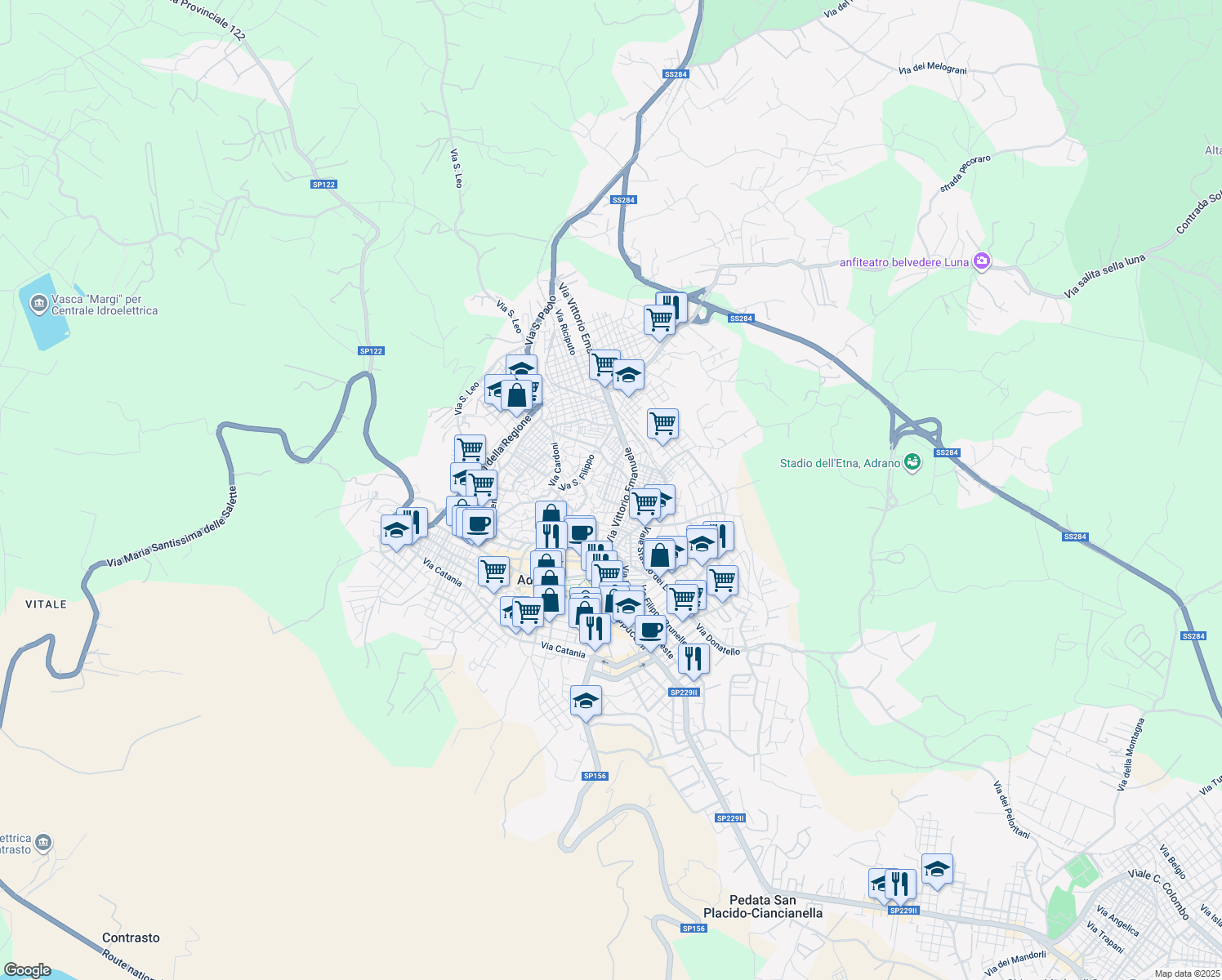 map of restaurants, bars, coffee shops, grocery stores, and more near 57 Via Verdi in Adrano