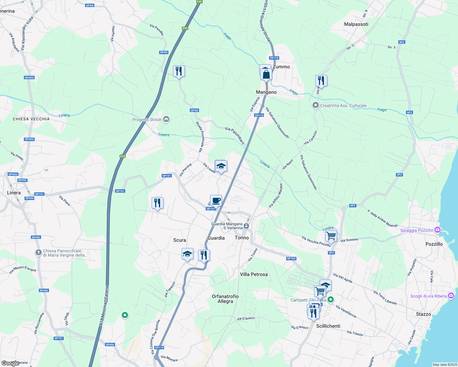 map of restaurants, bars, coffee shops, grocery stores, and more near 3 Via Sperlinga in Acireale
