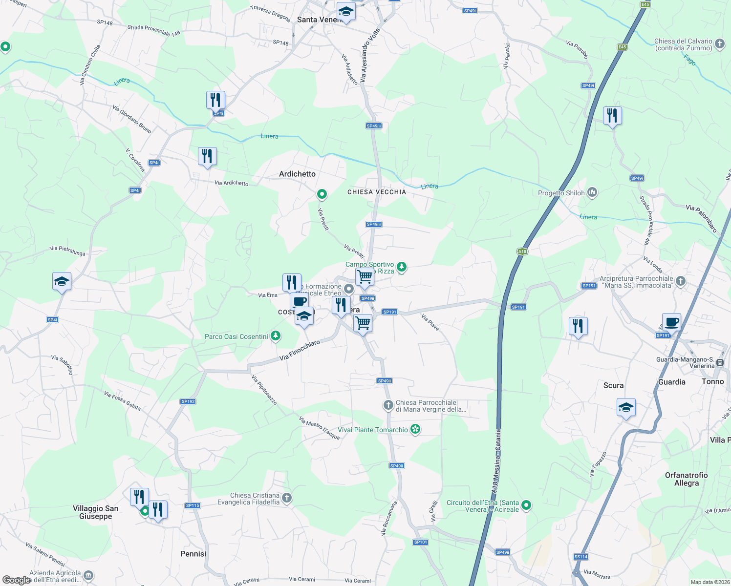 map of restaurants, bars, coffee shops, grocery stores, and more near 170 Via Provinciale in Linera
