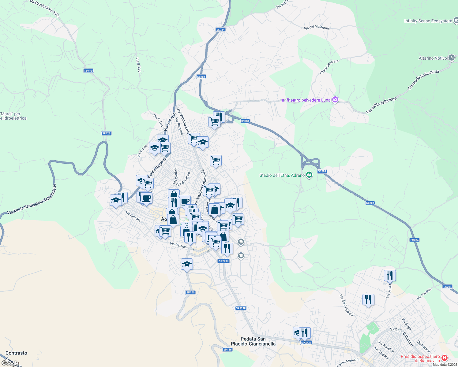 map of restaurants, bars, coffee shops, grocery stores, and more near 35 Via dell'Amicizia in Adrano