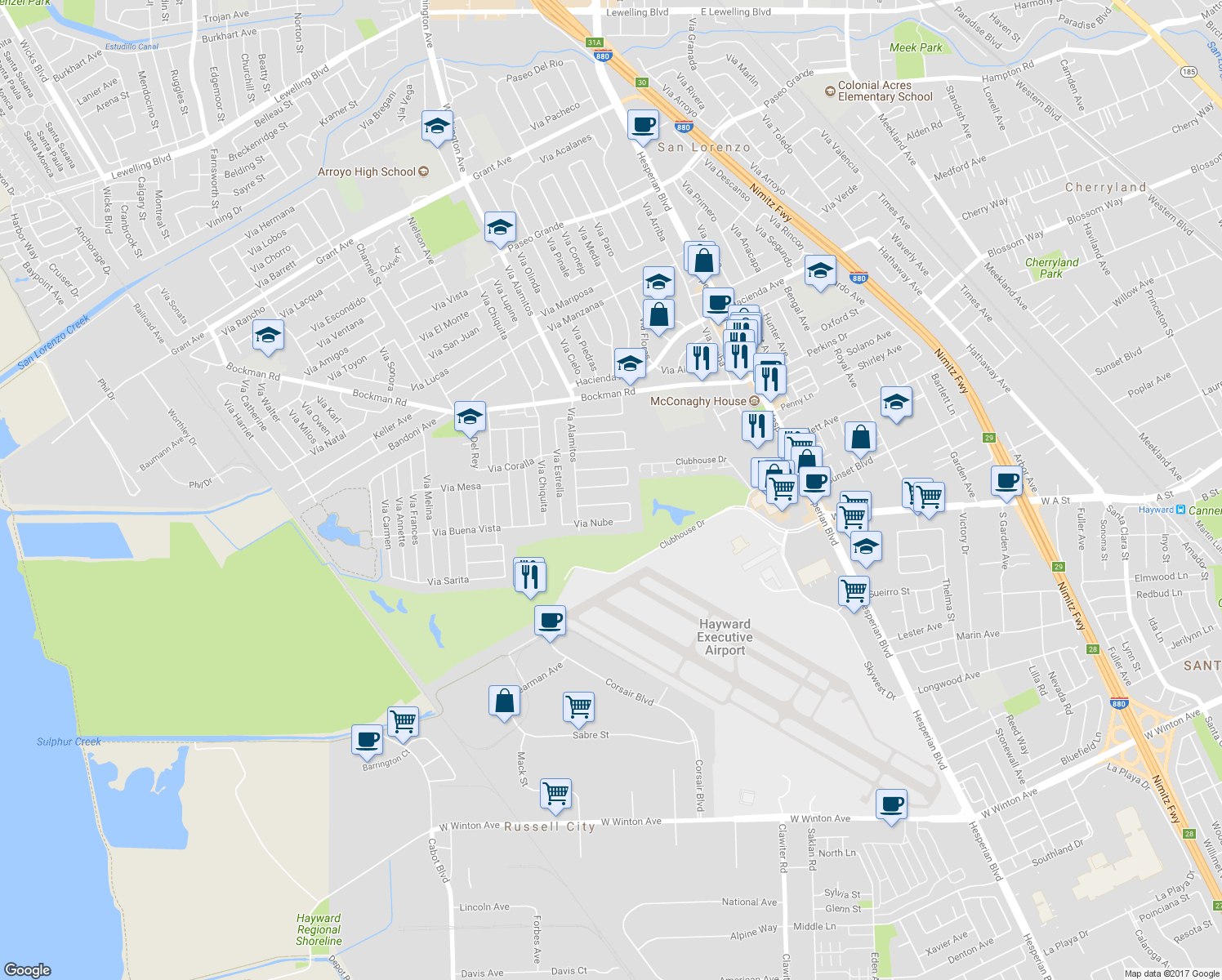 map of restaurants, bars, coffee shops, grocery stores, and more near 1176 Via Los Trancos in San Lorenzo
