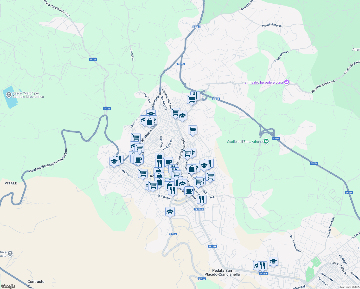 map of restaurants, bars, coffee shops, grocery stores, and more near 57 Via Verdi in Adrano