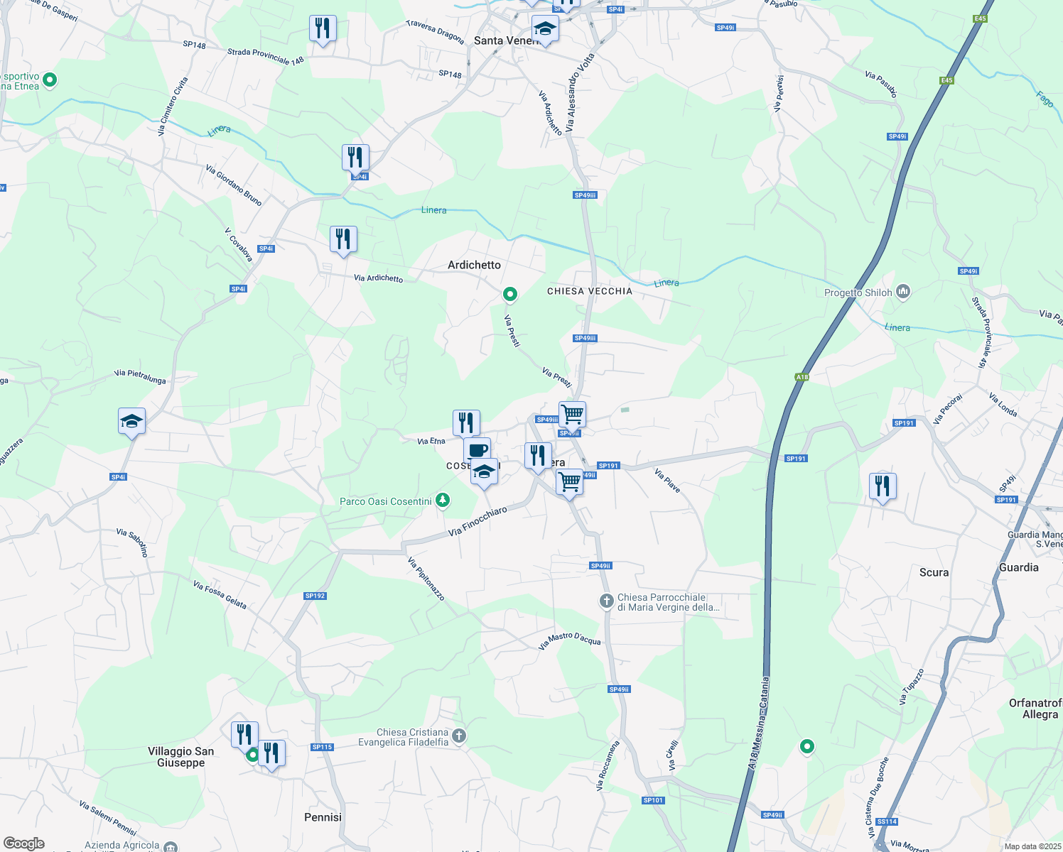 map of restaurants, bars, coffee shops, grocery stores, and more near 54 Via Cosentini in Linera