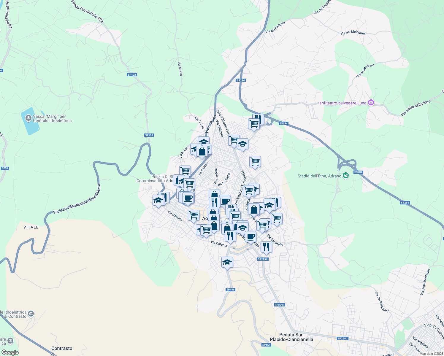 map of restaurants, bars, coffee shops, grocery stores, and more near 24 Via Miraglia in Adrano