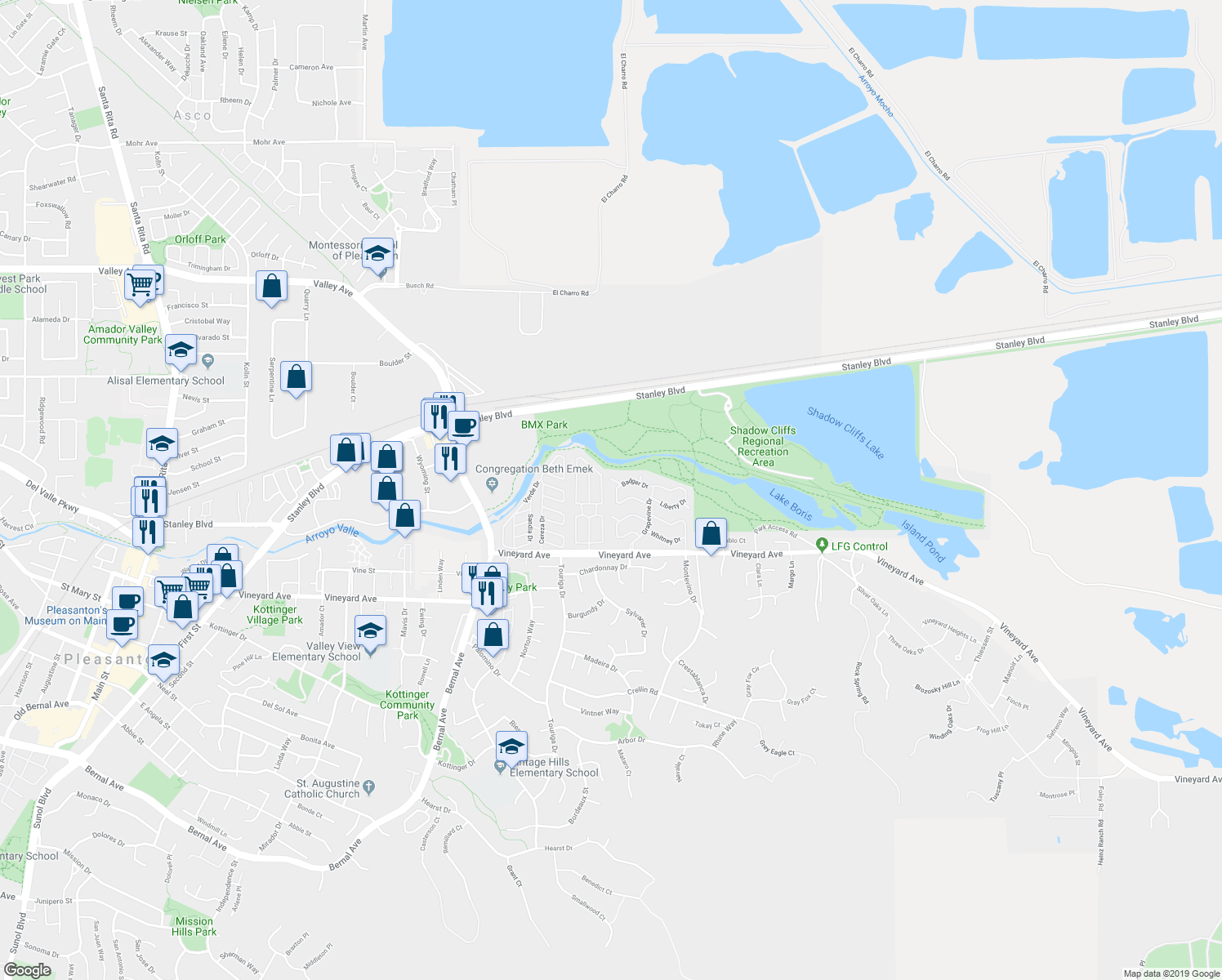 map of restaurants, bars, coffee shops, grocery stores, and more near 3025 Badger Drive in Pleasanton