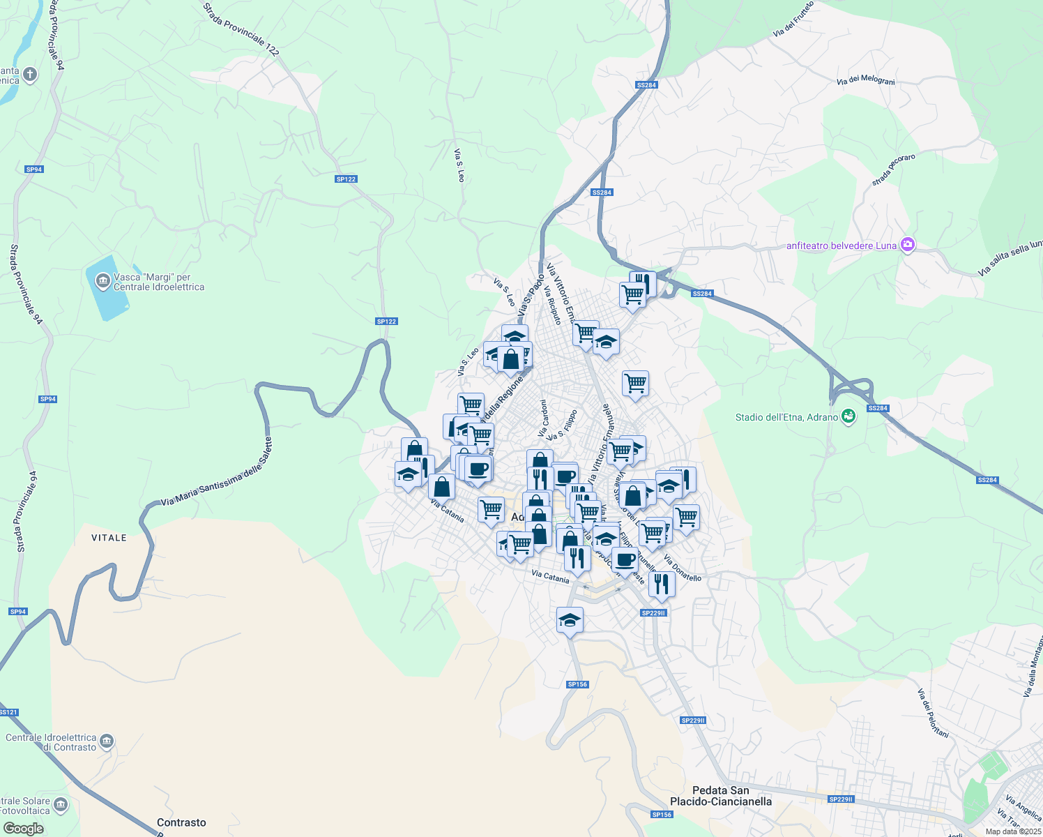 map of restaurants, bars, coffee shops, grocery stores, and more near 19 Via Caronda in Adrano