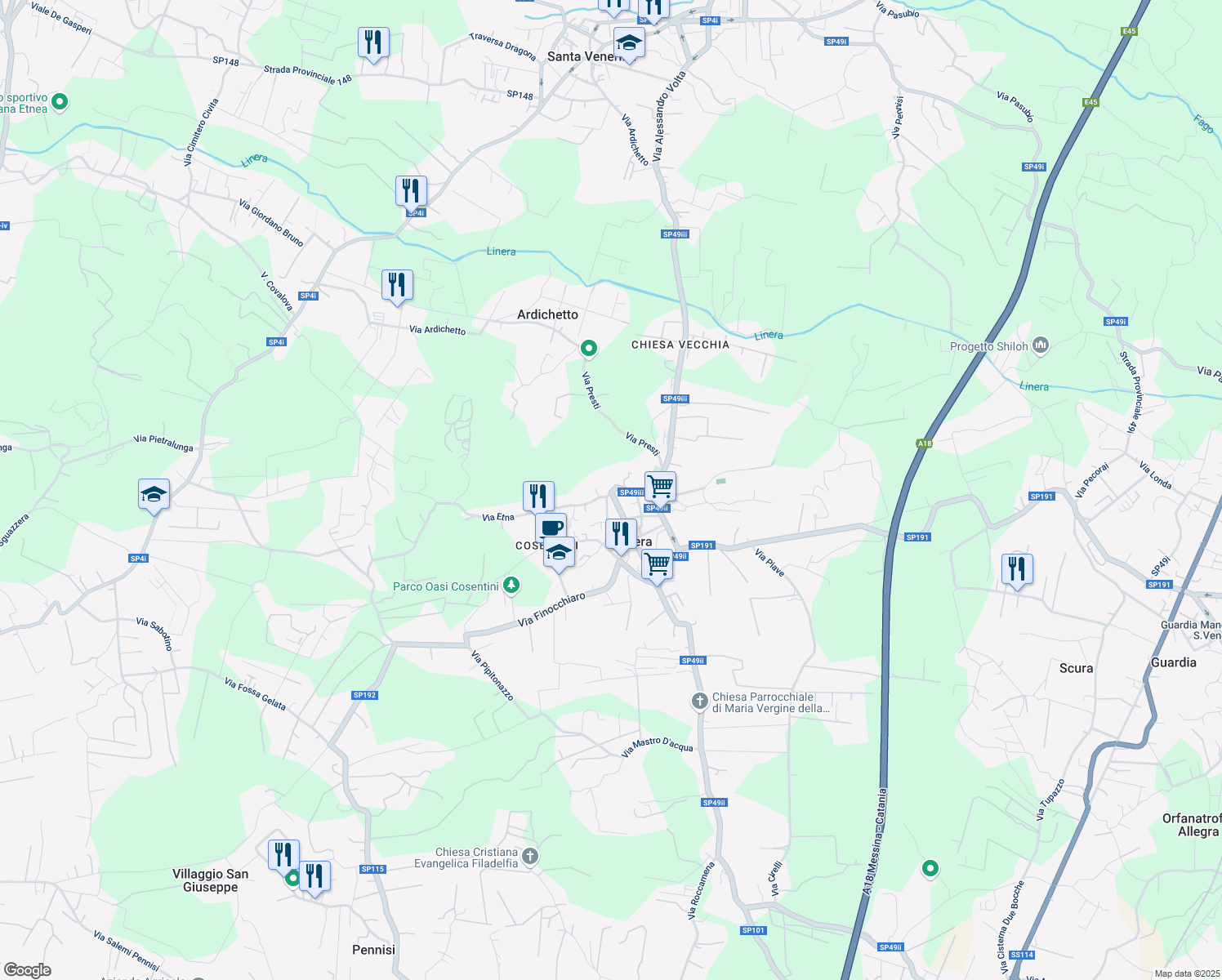 map of restaurants, bars, coffee shops, grocery stores, and more near 54 Via Cosentini in Linera