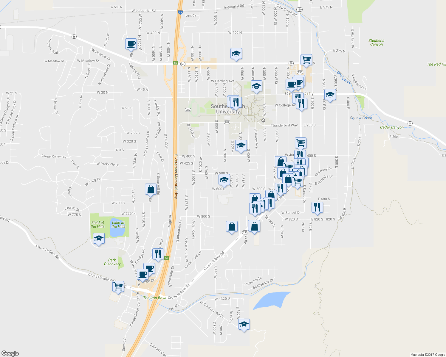 map of restaurants, bars, coffee shops, grocery stores, and more near 532 South 700 West in Cedar City
