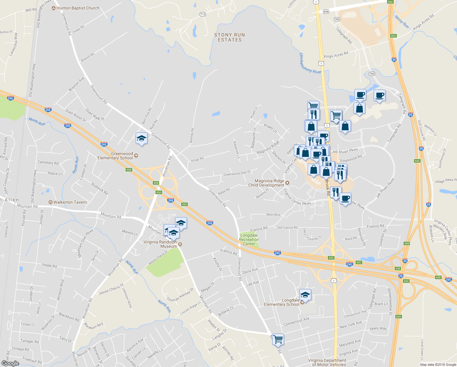 map of restaurants, bars, coffee shops, grocery stores, and more near 10717 Greenwood Road in Glen Allen