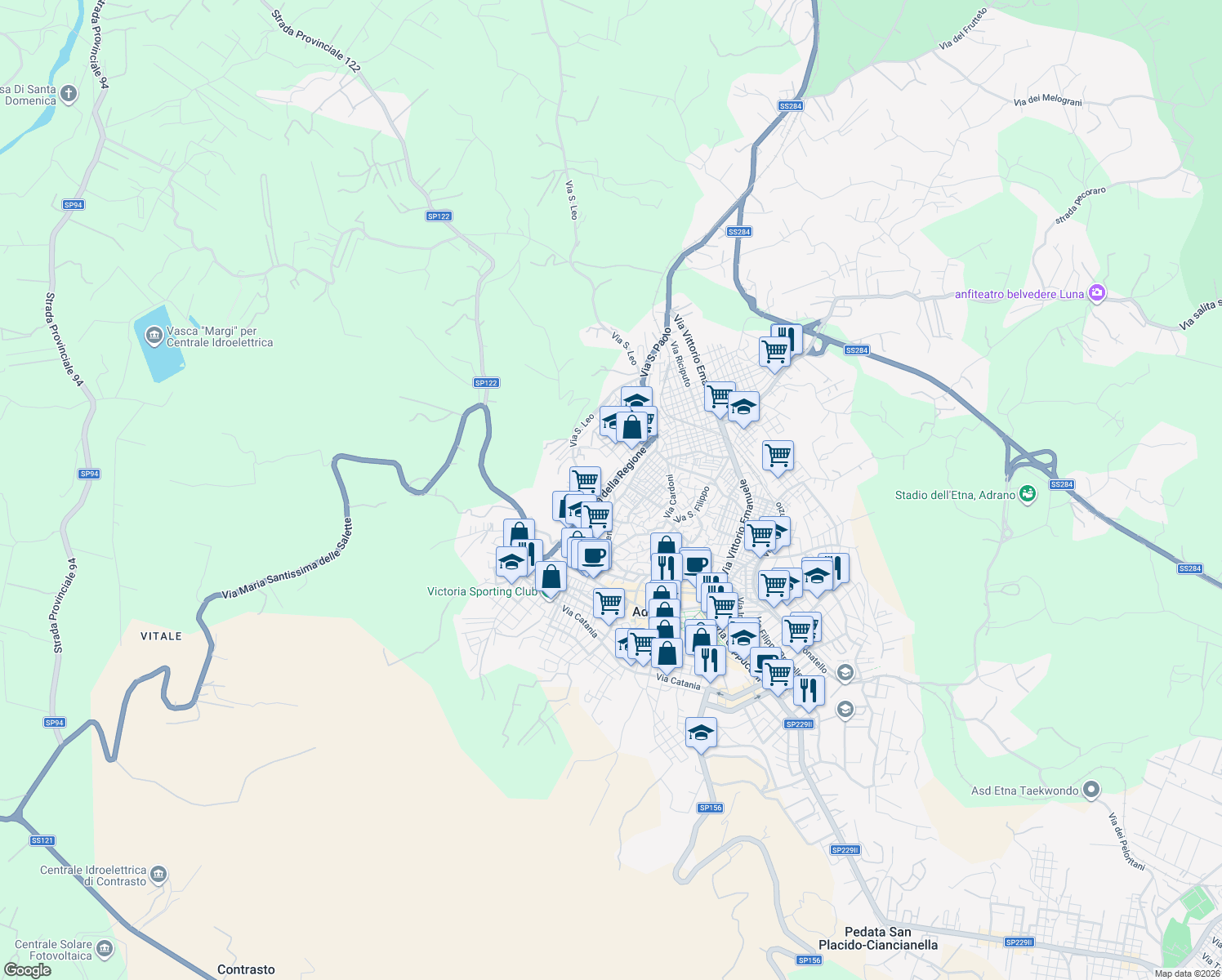 map of restaurants, bars, coffee shops, grocery stores, and more near 90 Via della Regione in Adrano