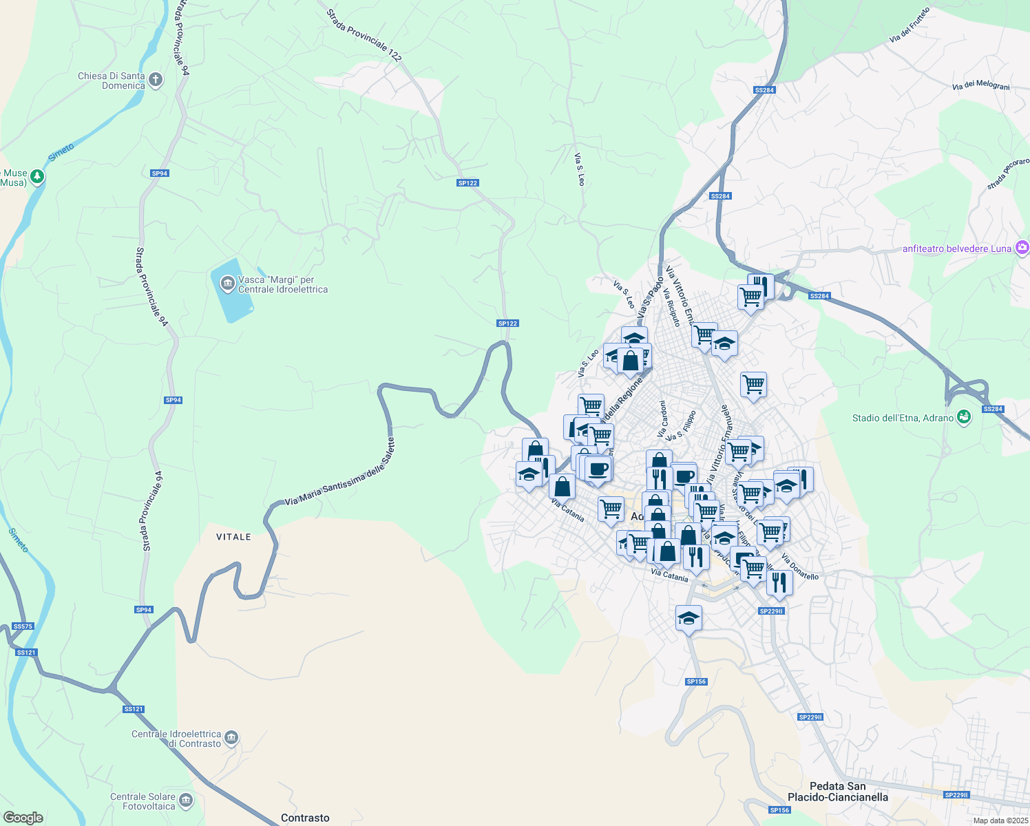 map of restaurants, bars, coffee shops, grocery stores, and more near 121 Contrada Cardellicchia in Città metropolitana di Catania