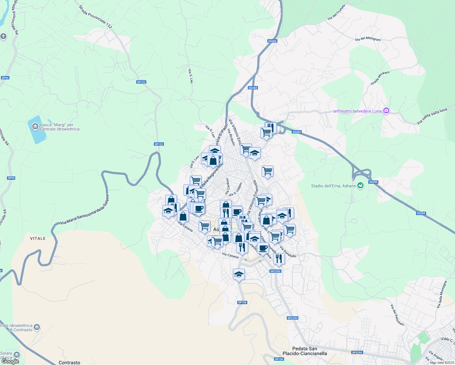 map of restaurants, bars, coffee shops, grocery stores, and more near 81 Via Cardoni in Adrano