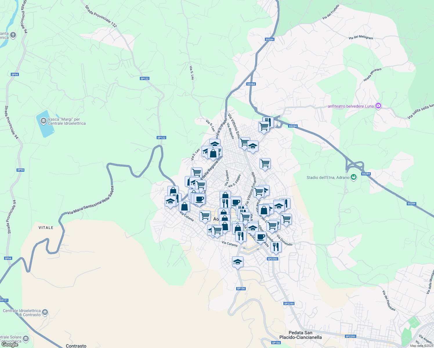 map of restaurants, bars, coffee shops, grocery stores, and more near 19 Via Caronda in Adrano