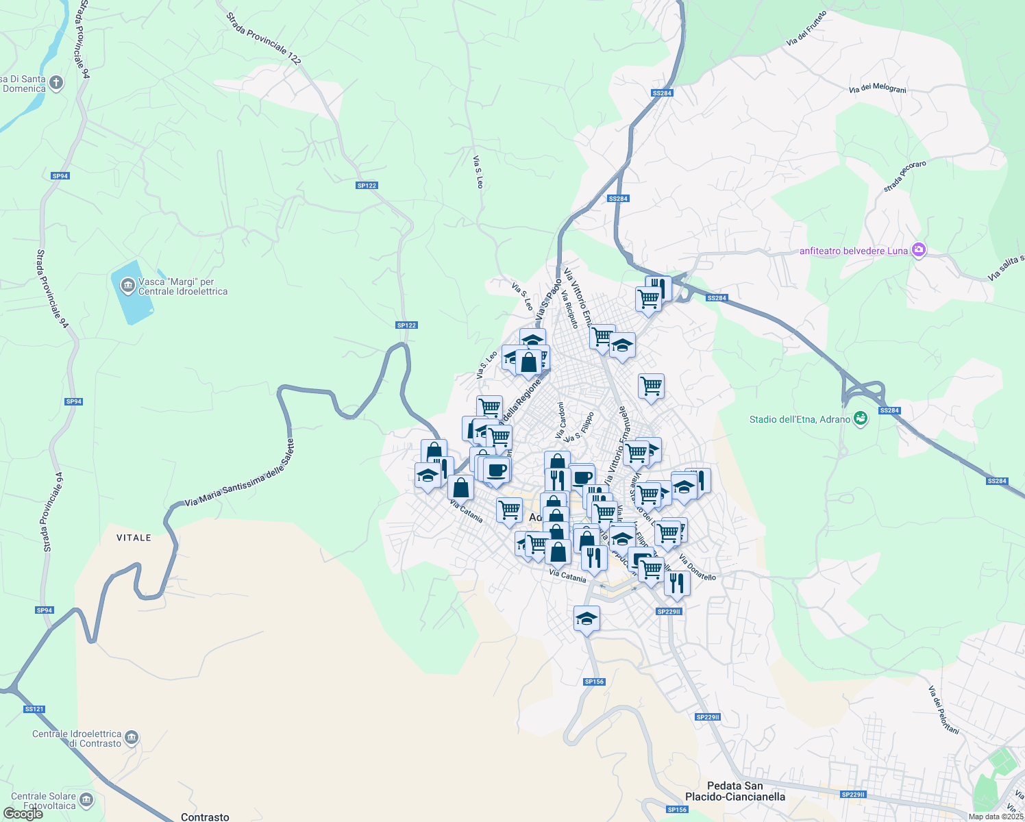 map of restaurants, bars, coffee shops, grocery stores, and more near 90 Via della Regione in Adrano