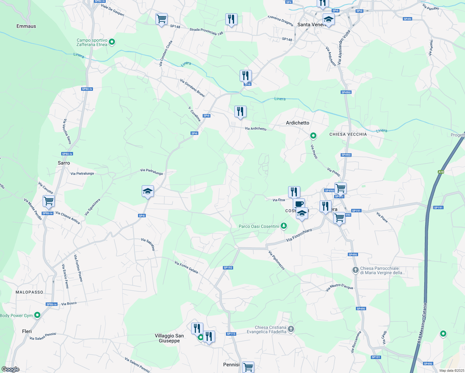 map of restaurants, bars, coffee shops, grocery stores, and more near 59 Via Luigi Capuana in Zafferana Etnea