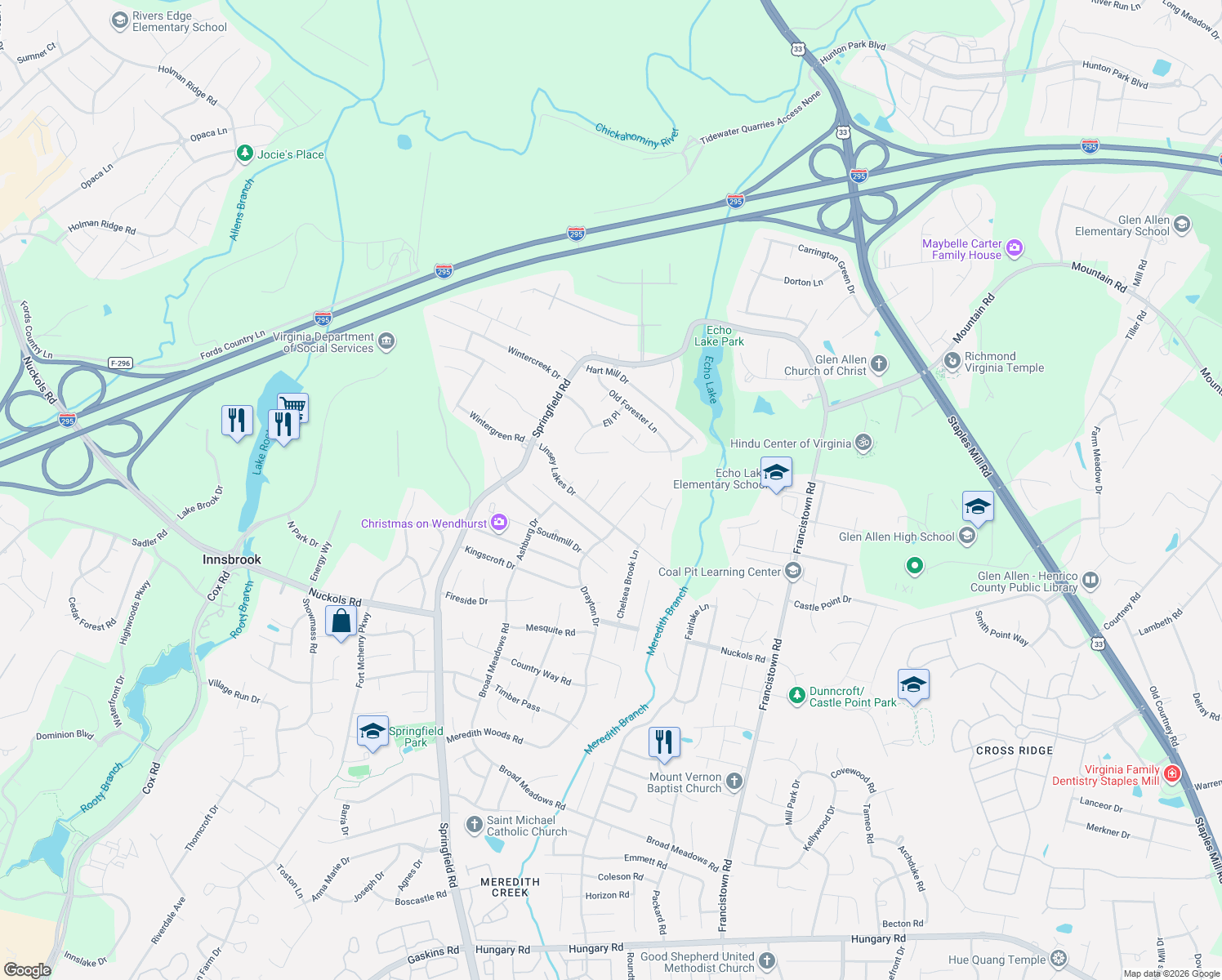 map of restaurants, bars, coffee shops, grocery stores, and more near 5621 Lake Sharon Drive in Glen Allen