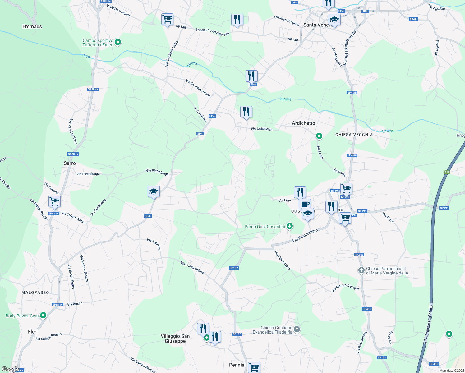 map of restaurants, bars, coffee shops, grocery stores, and more near 59 Via Luigi Capuana in Zafferana Etnea