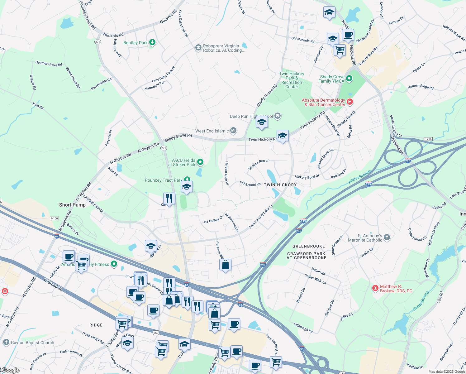 map of restaurants, bars, coffee shops, grocery stores, and more near 5124 Harvest Glen Drive in Glen Allen