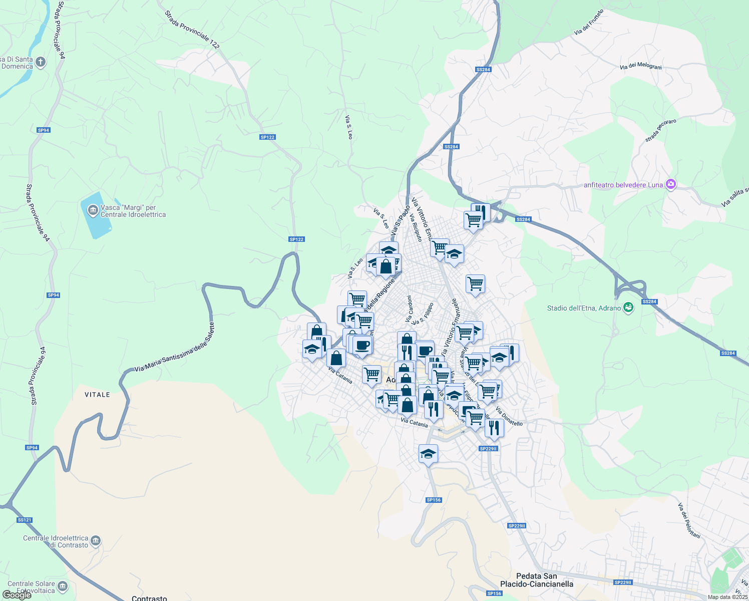 map of restaurants, bars, coffee shops, grocery stores, and more near 90 Via della Regione in Adrano