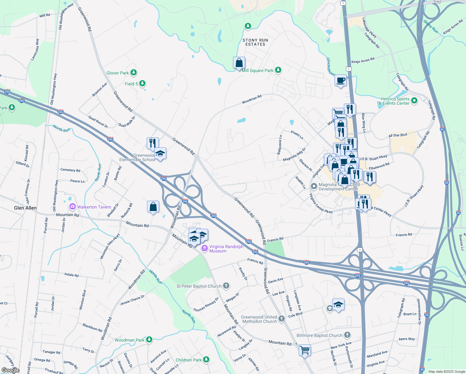 map of restaurants, bars, coffee shops, grocery stores, and more near 1949 Greenwood Glen Drive in Glen Allen