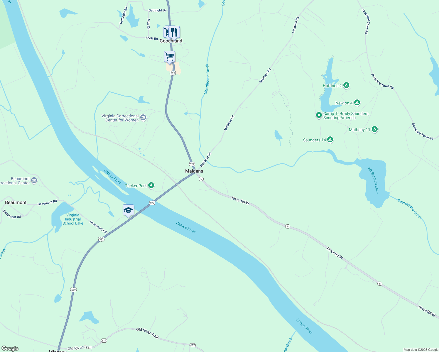 map of restaurants, bars, coffee shops, grocery stores, and more near 1509 Point Meadows Court in Maidens
