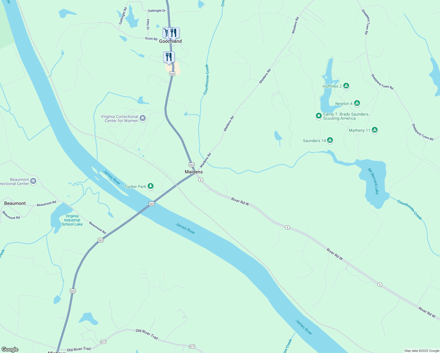 map of restaurants, bars, coffee shops, grocery stores, and more near 1509 Point Meadows Court in Maidens