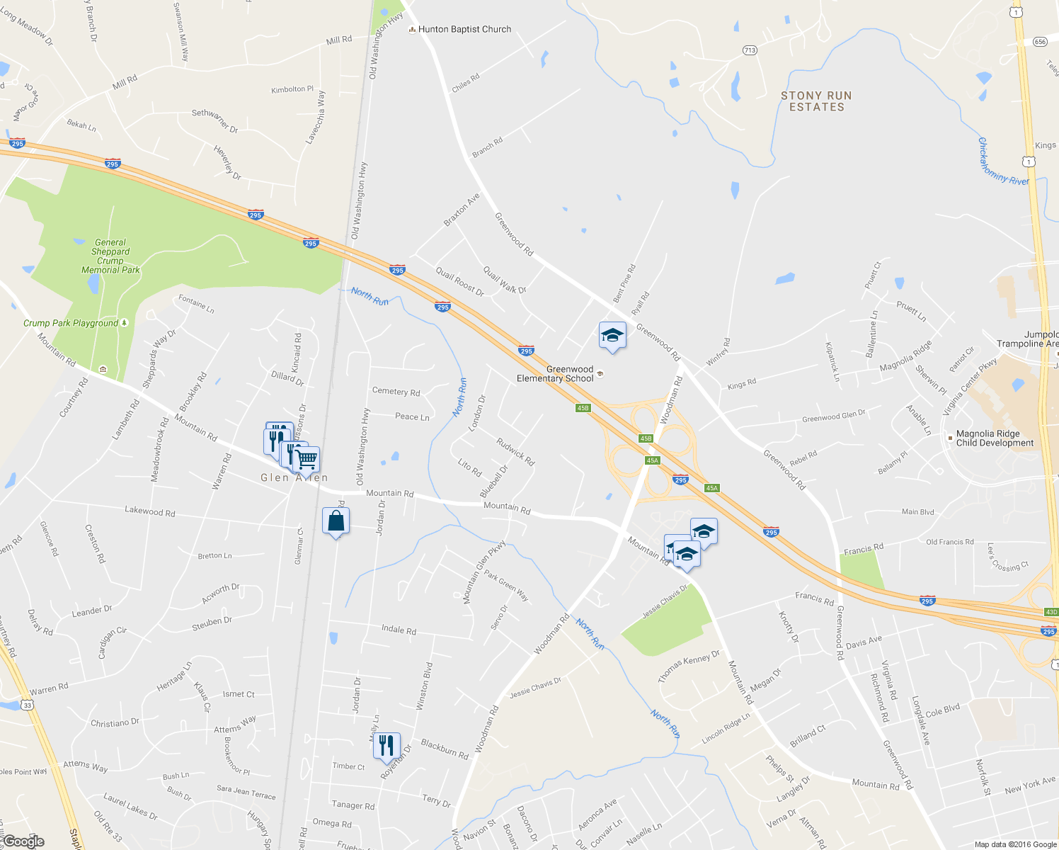map of restaurants, bars, coffee shops, grocery stores, and more near 10908 Bluebell Drive in Glen Allen