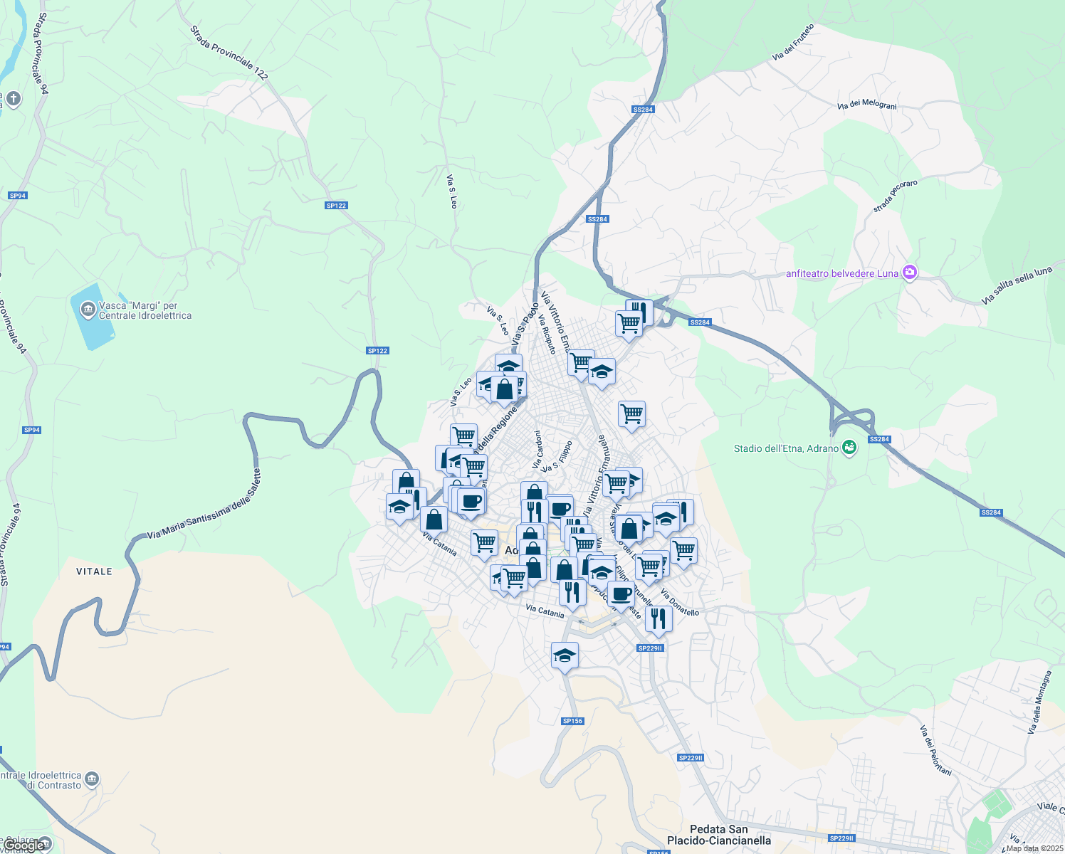 map of restaurants, bars, coffee shops, grocery stores, and more near 81 Via Cardoni in Adrano