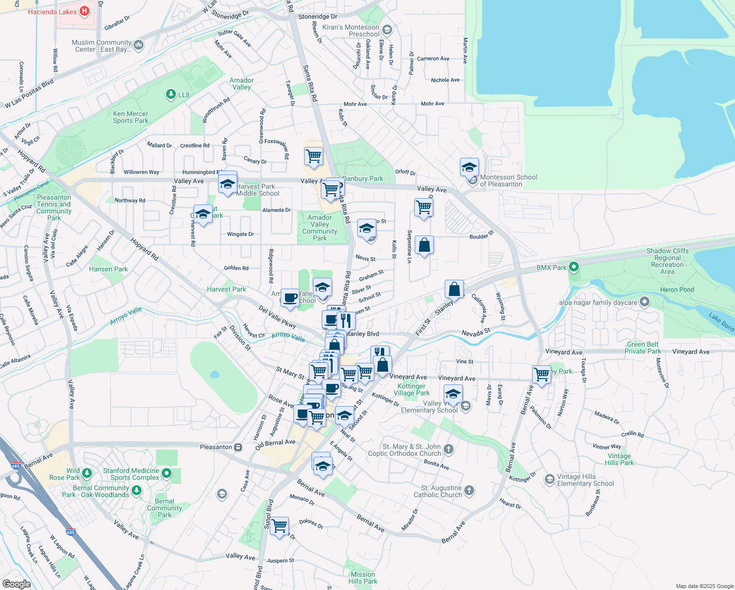 map of restaurants, bars, coffee shops, grocery stores, and more near 4171 School Street in Pleasanton